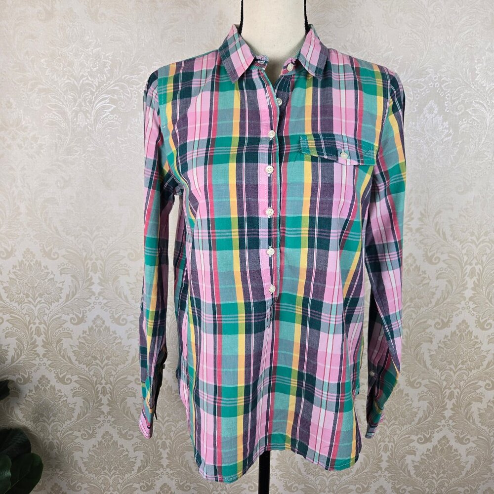 J Crew Size Small The Perfect Shirt Pink Green Plaid Button Front Long Sleeve